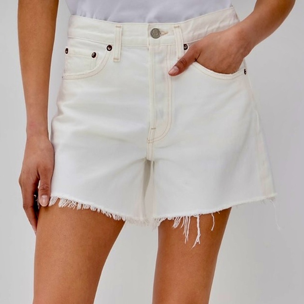 Agolde White High-Rise Frayed Hem Denim Shorts